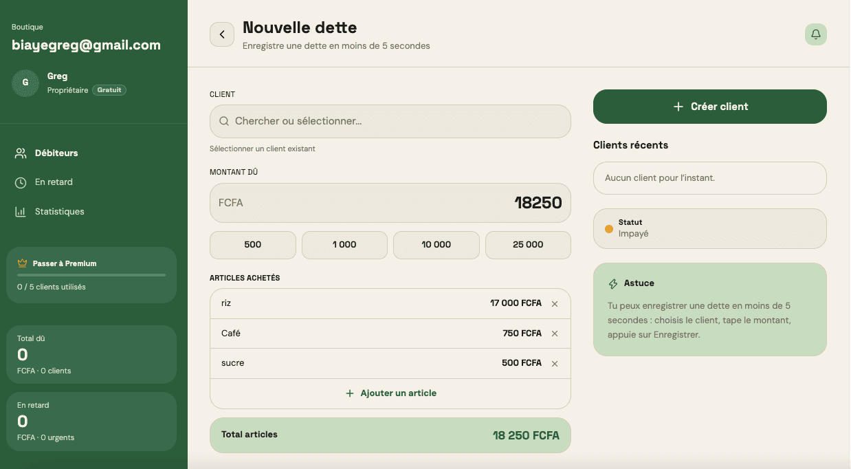 Écran Nouvelle dette de Jurali — enregistrer une dette en quelques secondes